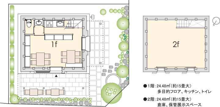 1階：24.48㎡(約15畳大) 多目的フロア、キッチン、トイレ　2階：24.48㎡(約15畳大) 倉庫、保管展示スぺース