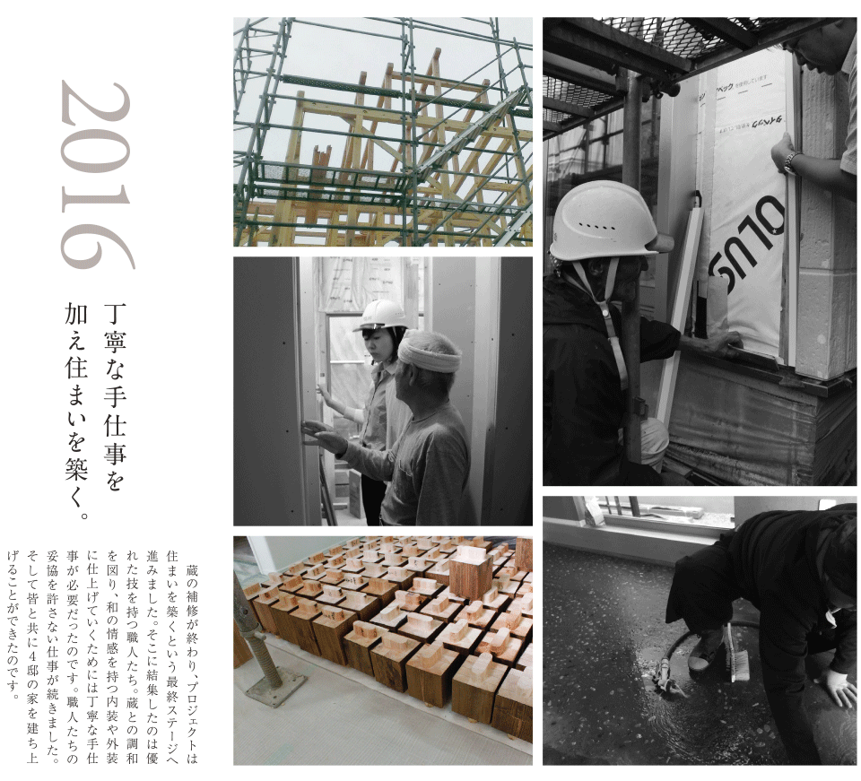 2016 丁寧な手仕事を加え住まいを築く。蔵の補修が終わり、プロジェクトは住まいを築くという最終ステージへ進みました。そこに結集したのは優れた技を持つ職人たち。蔵との調和を図り、和の情感を持つ内装や外装に仕上げていくためには丁寧な手仕事が必要だったのです。職人たちの妥協を許さない仕事が続きました。そして皆と共に４邸の家を建ち上げることができたのです。